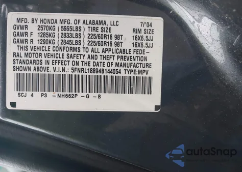 2004 Honda Odyssey Ex z USA, uszkodzony, nr VIN 5FNRL18894B144054